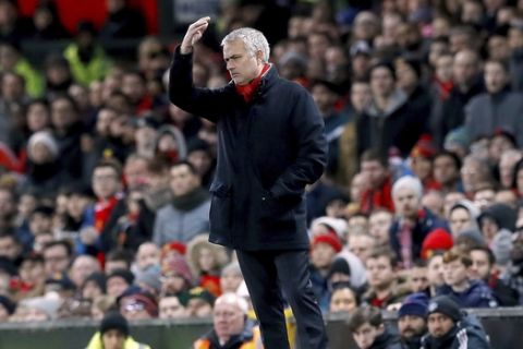 Manchester United manager Jose Mourinho gestures on the touchline during the English Premier League soccer match against Southampton at Old Trafford, Manchester, England, Saturday Dec. 30, 2017. (Martin Rickett/PA via AP)