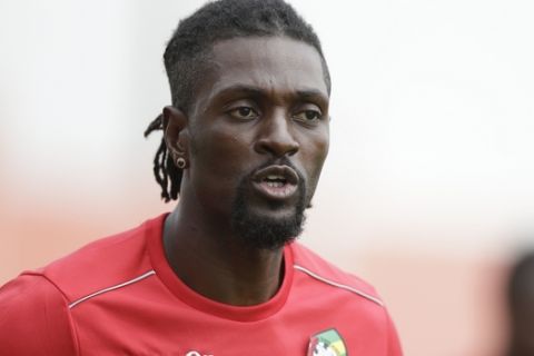 Togo's Emmanuel Adebayor attends a training session in Stade de Bitam, Gabon, Tuesday, Jan. 17, 2017, ahead of their African Cup of Nations Group C soccer match against Morocco. (AP Photo/Sunday Alamba)