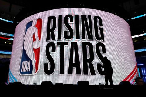 A worker prepares a stage before the NBA All-Star Rising Stars basketball game in Chicago, Friday, Feb. 14, 2020. (AP Photo/Nam Y. Huh)