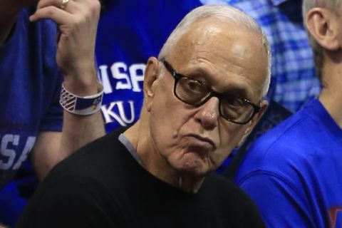 Former Kansas coach Larry Brown frowns during the first half of an NCAA college basketball game against Iowa State in Lawrence, Kan., Saturday, Feb. 4, 2017. (AP Photo/Orlin Wagner)