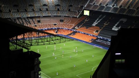 General view of the Mestalla stadium during the Champions League round of 16 second leg soccer match between Valencia and Atalanta in Valencia, Spain, Tuesday March 10, 2020. The match is being in an empty stadium because of the coronavirus outbreak. (AP Photo/Emilio Morenatti)