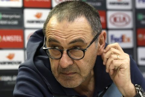 Chelsea manager Maurizio Sarri during a press conference at the Sinobo stadium in Prague, Czech Republic, Wednesday, April 10, 2019. Chelsea will play Slavia Praha in a Europa League quarterfinal soccer match on Thursday. (AP Photo/Petr David Josek)
