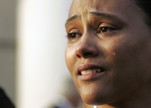 ** FILE ** In this oct. 5, 2007 file photo, three-time Olympic gold medalist Marion Jones cries as she addresses the media during a news conference outside the federal courthouse in White Plains, N.Y., after  pleading guilty to lying to federal investigators when she denied using performance-enhancing drugs. Doping cases have claimed some of track and field's most prominent names, a portion of its popularity and, in the eyes of some, its legitimacy.  (AP Photo/Mary Altaffer, File)
