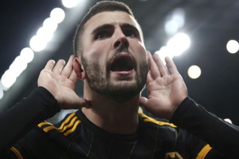 Wolverhampton Wanderers' Patrick Cutrone celebrates scoring his side's first goal of the game during the Carabao Cup, Fourth Round soccer match against Aston Villa at Villa Park, Birmingham Wednesday, Oct. 30, 2019. (Nick Potts/PA via AP)