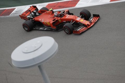 Ferrari driver Charles Leclerc of Monaco steers his racer during the third free practice at the 'Sochi Autodrom' Formula One circuit, in Sochi, Russia, Saturday Sept. 28, 2019. The Formula one race will be held on Sunday. (AP Photo/Luca Bruno)