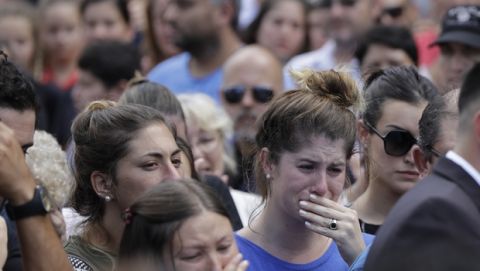 Relatives and friends of Argentine soccer player Emiliano Sala cry after his wake in Progreso, Argentina, Saturday, Feb. 16, 2019. The Argentina-born forward died in an airplane crash in the English Channel last month when flying from Nantes in France to start his new career with English Premier League club Cardiff. (AP Photo/Natacha Pisarenko)