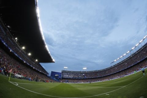 In this photo taken on Wednesday, May 10, 2017, a general view of the Vicente Calderon stadium during the Champions League semifinal second leg soccer match between Atletico Madrid and Real Madrid, in Madrid. Atletico Madrid is bidding farewell to its beloved Vicente Calderon. The Spanish league game against Athletic Bilbao on Sunday will be Atletico's last at the old-fashioned venue. The stadium will still host the Copa del Rey final between Barcelona and Alaves on May 27. (AP Photo/Daniel Ochoa de Olza)