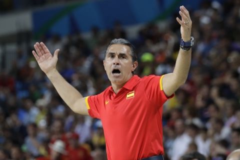 Spain head coach Sergio Scariolo argues a call during a men's semifinal round basketball game against the United States at the 2016 Summer Olympics in Rio de Janeiro, Brazil, Friday, Aug. 19, 2016. (AP Photo/Eric Gay)

