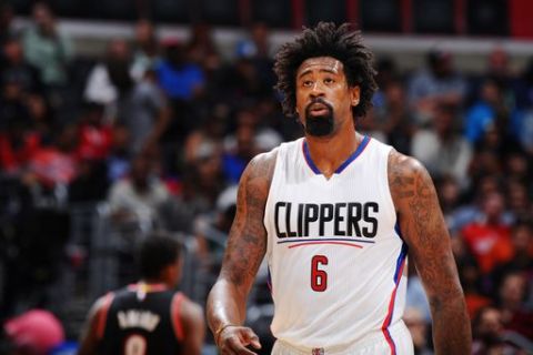 LOS ANGELES, CA - OCTOBER 13:  DeAndre Jordan #6 of the Los Angeles Clippers reacts to a play against the Portland Trail Blazers during a preseason game on October 13, 2016 at STAPLES Center in Los Angeles, California. NOTE TO USER: User expressly acknowledges and agrees that, by downloading and/or using this Photograph, user is consenting to the terms and conditions of the Getty Images License Agreement. Mandatory Copyright Notice: Copyright 2016 NBAE (Photo by Juan Ocampo/NBAE via Getty Images)