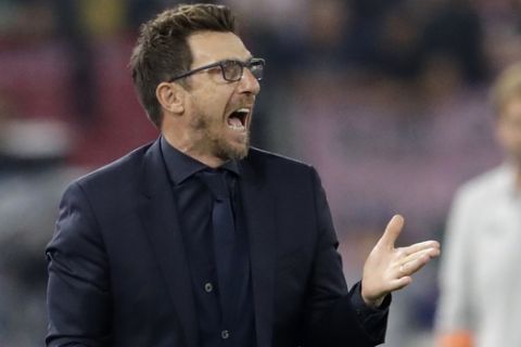 Roma coach Eusebio Di Francesco shouts to his team during the Champions League semifinal second leg soccer match between Roma and Liverpool at the Olympic Stadium in Rome, Wednesday, May 2, 2018. (AP Photo/Andrew Medichini)