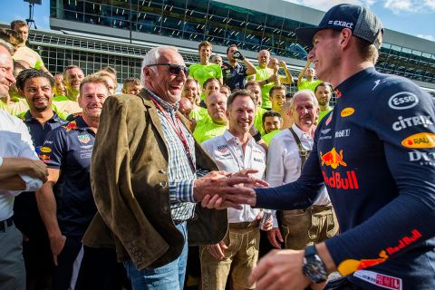 SPIELBERG, AUSTRIA - JULY 01:  Max Verstappen of Red Bull Racing and The Netherlands with Dietrich Mateschitz of Red Bull Racing and Austria during the Formula One Grand Prix of Austria at Red Bull Ring on July 1, 2018 in Spielberg, Austria.  (Photo by Peter Fox/Getty Images)