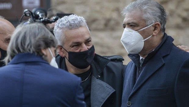 His former teammates in the winning World Cup team Bruno Conti, Roberto Baggio and Alessandro Altobelli attend the funeral service for Paolo Rossi, in Vicenza, Italy, Saturday, Dec. 12, 2020. Paolo Rossi, who led Italy to the 1982 World Cup title and later worked as a soccer commentator in his home country, died at the age of 64. (Claudio Furlan/LaPresse via AP)