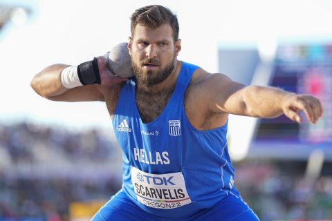 Nicholas Scarvelis, of Greece, competes during qualifying for the men's shot put at the World Athletics Championships Friday, July 15, 2022, in Eugene, Ore. (AP Photo/David J. Phillip)