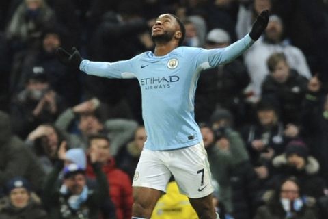 Manchester City's Raheem Sterling celebrates after scoring his side second goal during the English Premier League soccer match between Manchester City and Southampton at Etihad stadium, in Manchester, England, Wednesday, Nov. 29, 2017. (AP Photo/Rui Vieira)