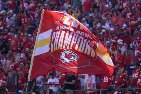A flag celebrating the most recent Kansas City Chiefs Super Bowl win is waved after they scored a touchdown against the Chicago Bears during the first half of an NFL football game, Sunday, Sept. 24, 2023 in Kansas City, Mo. (AP Photo/Reed Hoffmann)