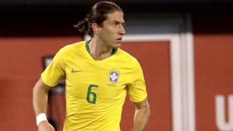 Brazil defender Filipe Luis in action against the United States during the first half of an international soccer friendly match, Friday, Sept. 7, 2018, in East Rutherford, N.J. (AP Photo/Julio Cortez)