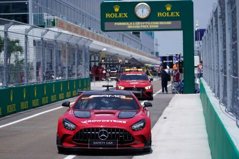 A safety car goes out on the track as crews and drivers prepare for the Formula One Miami Grand Prix auto race at Miami International Autodrome, Thursday, May 5, 2022, in Miami Gardens, Fla. The race is Sunday, May 8. (AP Photo/Wilfredo Lee)