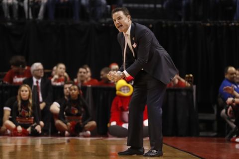 Louisville head coach Rick Pitino is seen on the sidelines during the first half of a first-round game against Jacksonville State in the men's NCAA college basketball tournament Friday, March 17, 2017, in Indianapolis. (AP Photo/Jeff Roberson)