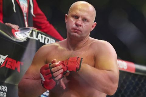 Fedor Emelianenko is seen before a mixed martial arts bout at Bellator 208, in Uniondale, NY on Saturday, Oct. 13, 2018. Emelianenko won via first round TKO. (AP Photo/Gregory Payan)
