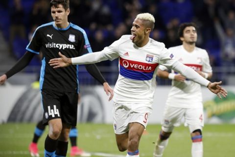 Lyon's Mariano Diaz celebrates after he scored a goal against Apollon during their Europa League group E soccer match in Decines, near Lyon, central France, Thursday, Nov. 23, 2017. (AP Photo/Laurent Cipriani)