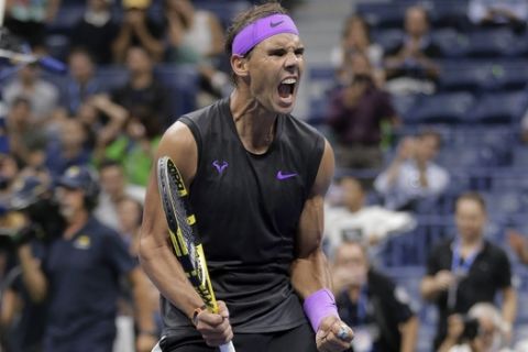 Rafael Nadal, of Spain, reacts after defeating Diego Schwartzman, of Argentina, in straight sets during the quarterfinals of the U.S. Open tennis tournament, early Thursday, Sept. 5, 2019, in New York. (AP Photo/Seth Wenig)