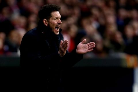Atletico Madrid head coach Diego Simeone reacts during an Europa League round of 32 second leg soccer match between Atletico Madrid and Copenhagen at the Metropolitano stadium in Madrid, Thursday, Feb. 22, 2018. (AP Photo/Francisco Seco)
