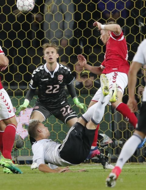 Germany's Joshua Kimmich scores the equalizer during the international friendly soccer match between Denmark and Germany, in Brondby Stadion, Copenhagen, Denmark, Tuesday, June 6, 2017. (Jens Dresling/Ritzau Foto via AP)