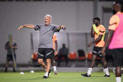 Ivory Coast's head coach Jean-Louis Gasset, left, gestures to Ivory Coast's soccer players during their training in Abidjan , Ivory Coast, Friday, Jan. 12, 2024, ahead of their African Cup of Nations group A soccer match against Guinea Bissau (AP Photo/Sunday Alamba)