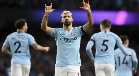 Manchester City's Sergio Aguero celebrates after scoring his side's fifth goal during the English Premier League soccer match between Manchester City and Chelsea at Etihad stadium in Manchester, England, Sunday, Feb. 10, 2019. (AP Photo/Jon Super)