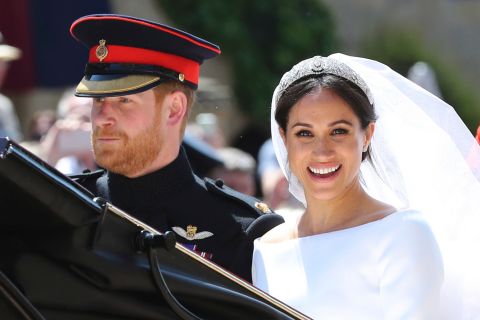Britain's Prince Harry and his wife Meghan Markle leave after their wedding ceremony, at St. George's Chapel in Windsor Castle in Windsor, near London, England, Saturday, May 19, 2018. (Gareth Fuller/pool photo via AP)