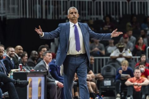 FILE - In this Feb. 23, 2019, file photo, Phoenix Suns head coach Igor Kokoskov reacts during the first half of an NBA basketball game against the Atlanta Hawks in Atlanta. The Suns say they have fired Kokoskov after one season. (AP Photo/Danny Karnik, File)