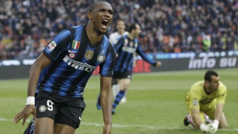 Inter Milan forward Samuel Eto'o, of Cameroon, celebrates after scoring during a Serie A soccer match between Inter Milan and Genoa at the San Siro stadium in Milan, Italy, Sunday , March 6, 2011. (AP Photo/Luca Bruno)