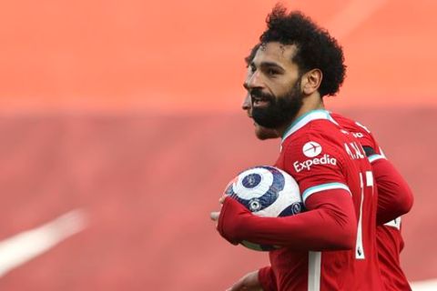 Ο Μοχάμεντ Σαλάχ της Λίβερπουλ πανηγυρίζει γκολ που σημείωσε κόντρα στην Άστον Βίλα για την Premier League 2020-2021 στο "Άνφιλντ", Λίβερπουλ | Σάββατο 10 Απριλίου 2021