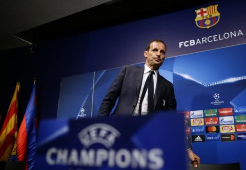 Juventus' coach Massimiliano Allegri arrives for a press conference at the Camp Nou stadium in Barcelona, Spain, Monday, Sept. 11, 2017.  FC Barcelona will play against Juventus in a Champions League Group D soccer match on Tuesday. (AP Photo/Manu Fernandez)