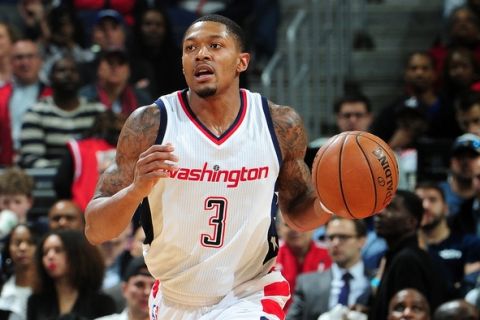 WASHINGTON, DC -  APRIL 26: Bradley Beal #3 of the Washington Wizards brings the ball up court during the game against the Atlanta Hawks in Game Five of the Eastern Conference Quarterfinals of the 2017 NBA Playoffs on April 26, 2017 at Verizon Center in Washington, DC. NOTE TO USER: User expressly acknowledges and agrees that, by downloading and or using this Photograph, user is consenting to the terms and conditions of the Getty Images License Agreement. Mandatory Copyright Notice: Copyright 2017 NBAE (Photo by Scott Cunningham/NBAE via Getty Images)