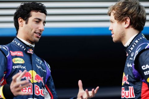 JEREZ DE LA FRONTERA, SPAIN - JANUARY 28:  Infiniti Red Bull Racing drivers Sebastian Vettel (R) of Germany and Daniel Ricciardo (L) of Australia attend the launch of their new RB10 Formula One car at the Circuito de Jerez on January 28, 2014 in Jerez de la Frontera, Spain.  (Photo by Andrew Hone/Getty Images) *** Local Caption *** Sebastian Vettel; Daniel Ricciardo