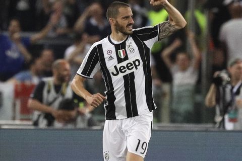 Juventus' Leonardo Bonucci celebrates after scoring his side's second goal, during the Italian Cup soccer final match between Lazio and Juventus, at Rome's Olympic stadium, Wednesday, May 17, 2017. (AP Photo/Gregorio Borgia)