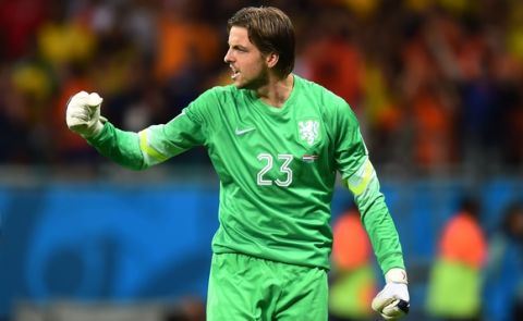 SALVADOR, BRAZIL - JULY 05: Tim Krul of the Netherlands reacts after making a save in a penalty shootout against Bryan Ruiz of Costa Rica during the 2014 FIFA World Cup Brazil Quarter Final match between the Netherlands and Costa Rica at Arena Fonte Nova on July 5, 2014 in Salvador, Brazil.  (Photo by Jamie McDonald/Getty Images)