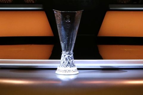 The UEFA Europa League trophy is placed on display before the draw ceremony at the Grimaldi Forum, in Monaco, Friday, Aug. 31, 2018. (AP Photo/Claude Paris)