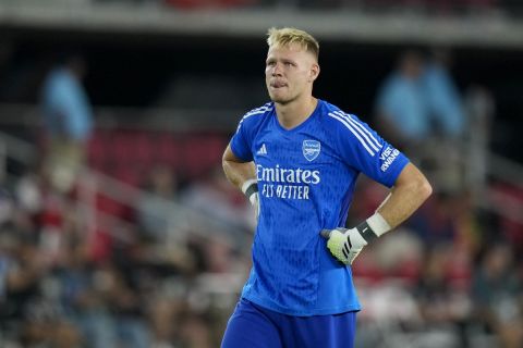 Arsenal goalkeeper Aaron Ramsdale walks on the field in the first half of the MLS All-Star soccer match against the MLS All-Stars, Wednesday, July 19, 2023, in Washington. (AP Photo/Alex Brandon)