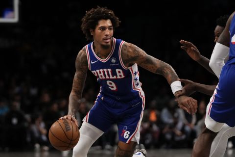 Philadelphia 76ers' Kelly Oubre Jr. (9) during the first half of a preseason NBA basketball game against the Brooklyn Nets Monday, Oct. 16, 2023, in New York. (AP Photo/Frank Franklin II)