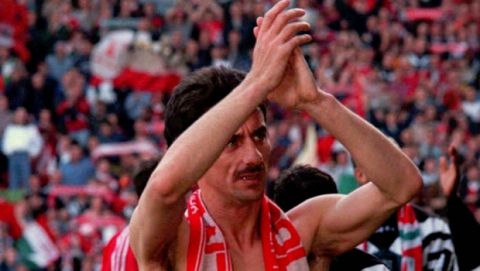 A final farewell from Liverpool striker Ian Rush as he walks off the pitch at Anfield with the Kop end cheering behind him after playing his last home game for Liverpool against Middlesbrough Saturday, April 27, 1996. The 34-year-old Welsh international leaves Liverpool on a free transfer after the FA Cup final against Manchester United May 11. Despite coming close Saturday, Rush could not add to his 345 goals in 15 Anfield seasons. (AP Photo / John Giles, PA)
