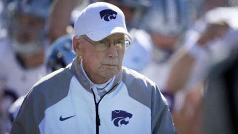 Kansas State head coach Bill Snyder leads his team onto the field before an NCAA college football game against Kansas in Lawrence, Kan., Saturday, Oct. 28, 2017. (AP Photo/Orlin Wagner)