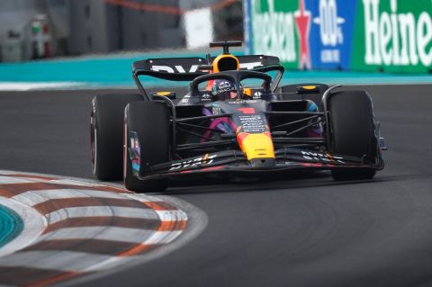 Red Bull's Max Verstappen is shown during the Formula One Miami Grand Prix auto race at the Miami International Autodrome, Sunday, May 7, 2023, in Miami Gardens, Fla. (AP Photo/Rebecca Blackwell)