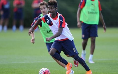 ST ALBANS, ENGLAND - JULY 07:  (L-R) Mathieu Flamini and Gedion Zelalem of Arsenal during a training session at London Colney on July 7, 2015 in St Albans, England.  (Photo by Stuart MacFarlane/Arsenal FC via Getty Images)