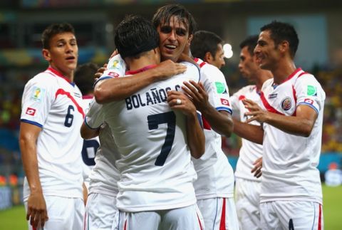 RECIFE, BRAZIL - JUNE 29:  Bryan Ruiz celebrates  scoring his team's first goal with Christian Bolanos of Costa Rica  during the 2014 FIFA World Cup Brazil Round of 16 match between Costa Rica and Greece at Arena Pernambuco on June 29, 2014 in Recife, Brazil.  (Photo by Ian Walton/Getty Images)