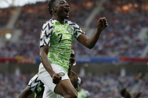 Nigeria's Ahmed Musa celebrates his team's second goal during the group D match between Nigeria and Iceland at the 2018 soccer World Cup in the Volgograd Arena in Volgograd, Russia, Friday, June 22, 2018. (AP Photo/Darko Vojinovic)
