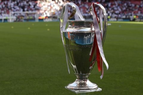 A view of the Champions League trophy, prior to the start of the Champions League final soccer match between Atletico Madrid and Real Madrid, at the Luz stadium, in Lisbon, Portugal, Saturday, May 24, 2014. (AP Photo/Francisco Seco)