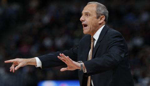 FILE - In this April 3, 2019, file photo, San Antonio Spurs assistant coach Ettore Messina gestures in the first half of an NBA basketball game against the Denver Nuggets, in Denver. A person familiar with Clevelands coaching search tells The Associated Press the Cavaliers have scheduled an interview with San Antonio assistant Ettore Messina. The Cavs plan to meet with Messina later this week, said the person whospoke Monday, May 6, 2019, on condition of anonymity because the team is keeping details of their search confidential. (AP Photo/David Zalubowski. File)