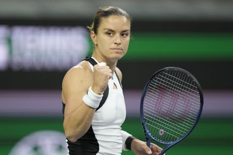Maria Sakkari, of Greece, reacts after winning a set against Caroline Garcia, of France, at the BNP Paribas Open tennis tournament, Monday, March 11, 2024, in Indian Wells, Calif. (AP Photo/Mark J. Terrill)